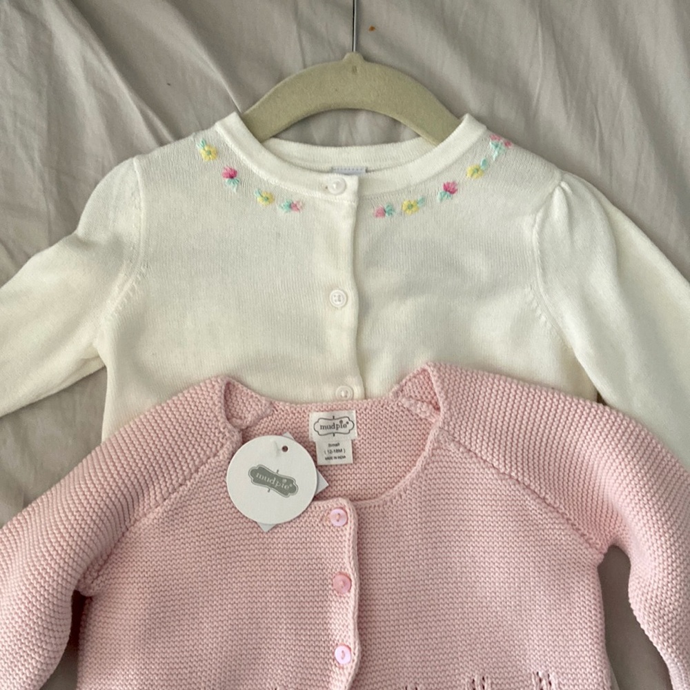 Two cardigans; mudpie 12-18 mo, Janie &Jack 18-24 months, perfect for Easter.